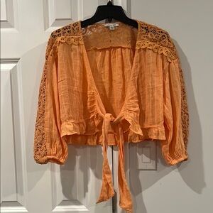 American Eagle Women's Peach Crochet Trim Tie Front Crop Top